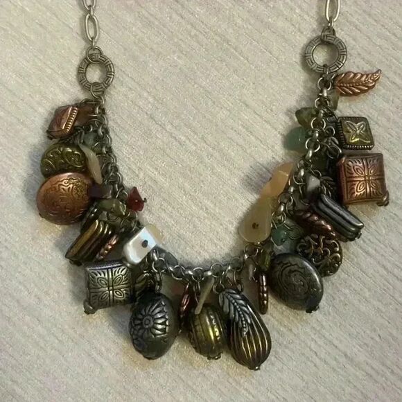 Charm necklace with multi earth semi precious stones and beads bronze tone - Picture 4 of 6